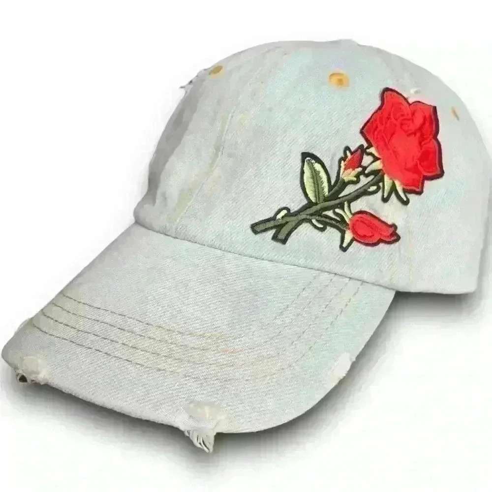 Denim Distressed Womens Washed Denim David & Young Baseball Cap Rose Embroidered
